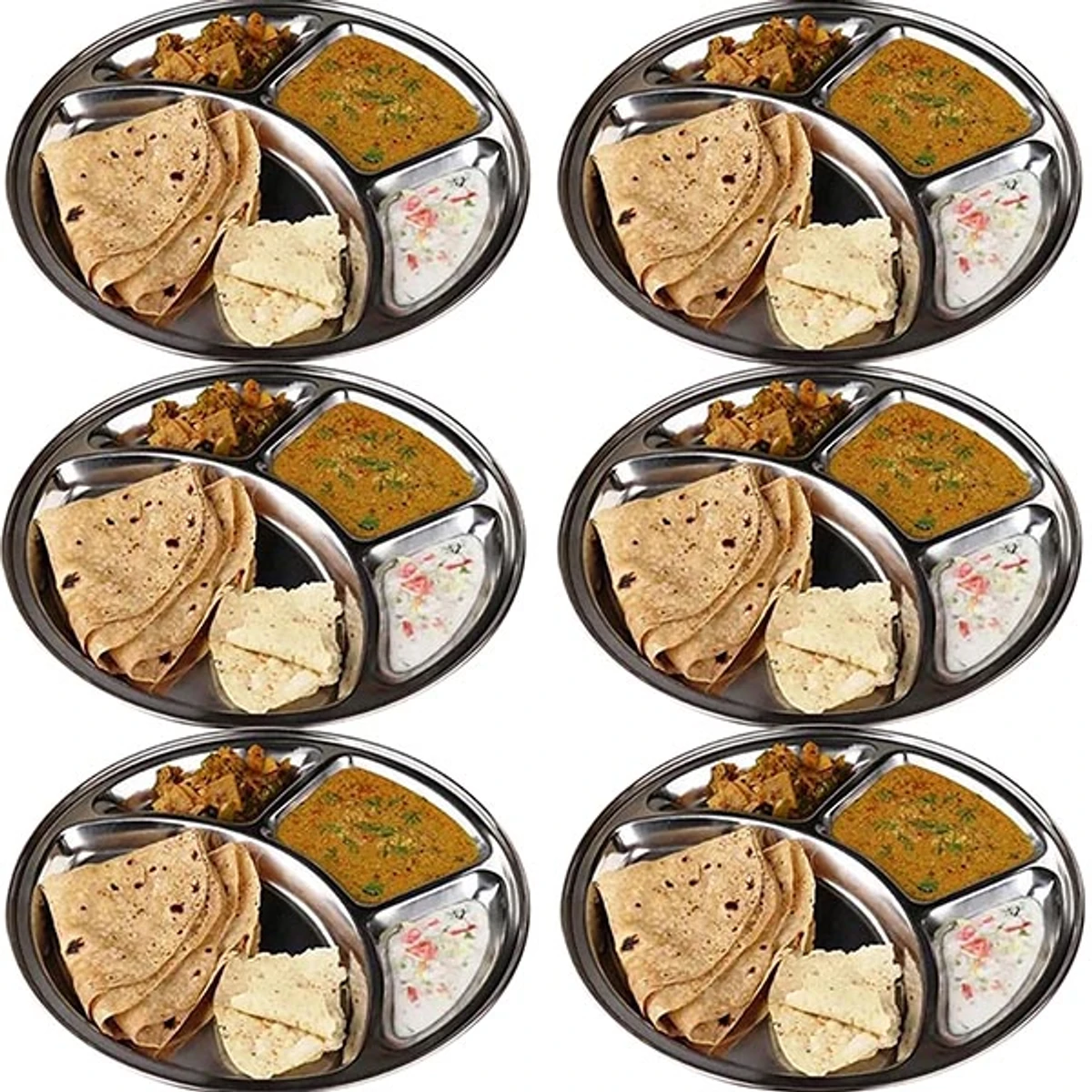 Stainless Steel 4 Chamber Lunch & Dinner Plate(6Pcs)