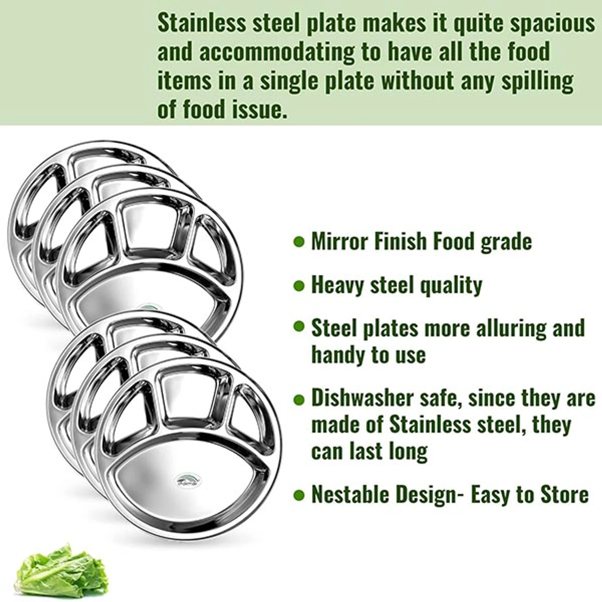 Stainless Steel 4 Chamber Lunch & Dinner Plate(6Pcs)