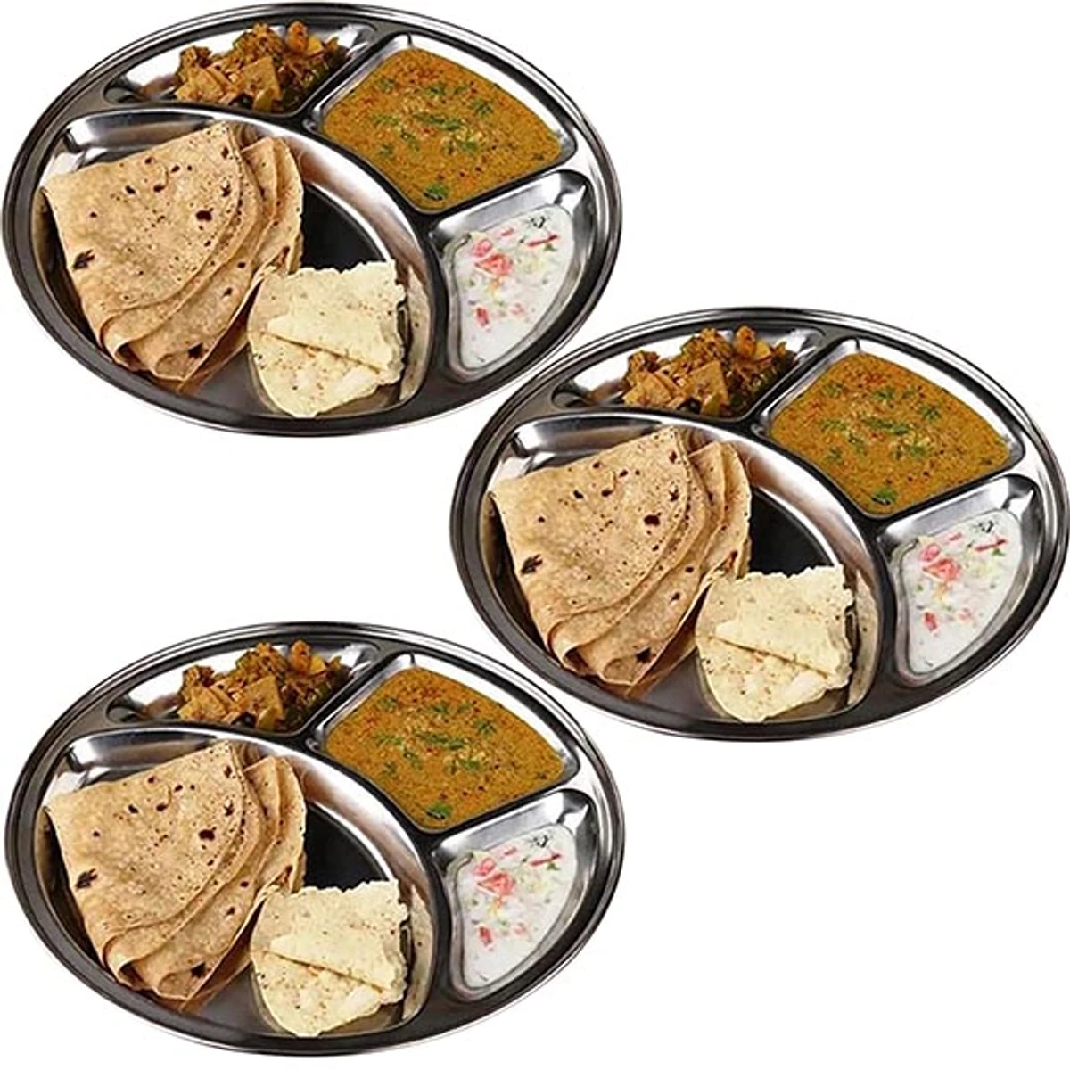 Stainless Steel 4 Chamber Lunch & Dinner Plate(3Pcs)